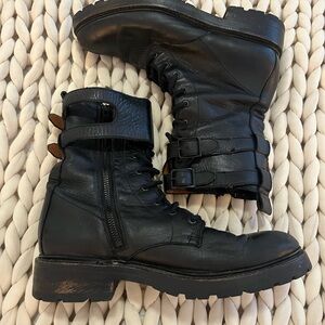 Frye Julie Shield Double Buckle Combat Black Leather Boots Women’s Size 9.5 B